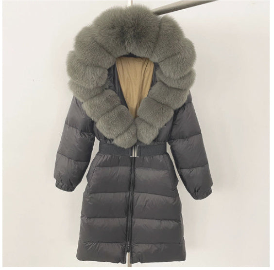 Manteau à capuche long en fourrure de renard