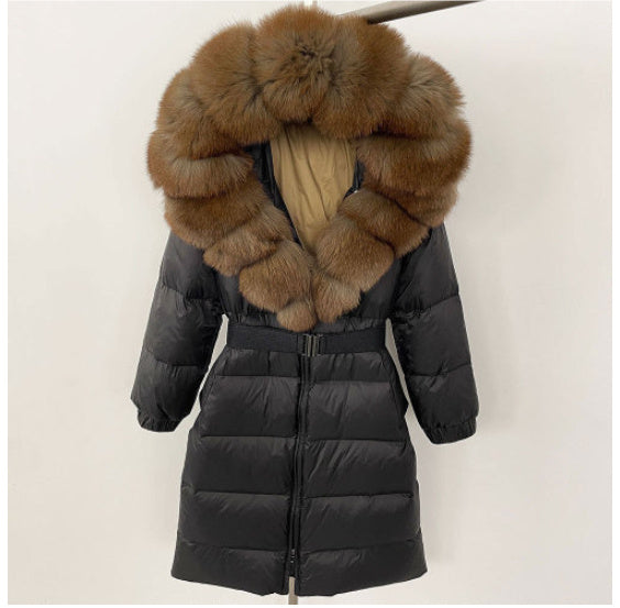 Manteau à capuche long en fourrure de renard