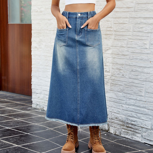 Jupe denim frangée midi