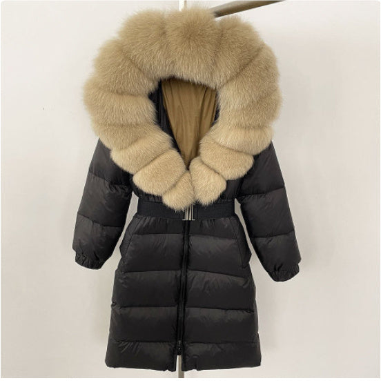 Manteau à capuche long en fourrure de renard