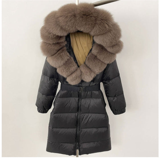 Manteau à capuche long en fourrure de renard