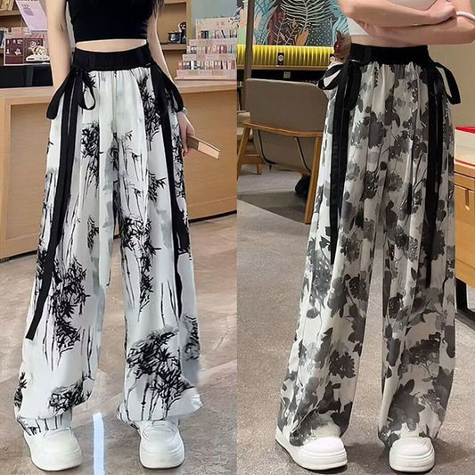 Pantalon large en soie glacée avec motif peinture à l'encre Guo Feng